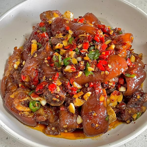 Chef Wang's braised pig trotters, glistening with a spicy sauce, red chilies, and garlic.