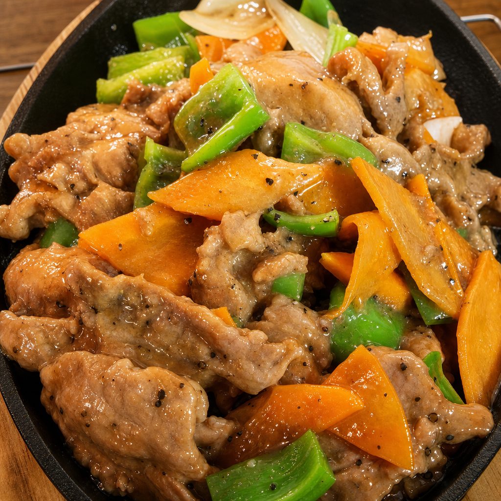 E2. 铁板黑椒牛柳 Grilled Black Pepper Beef.