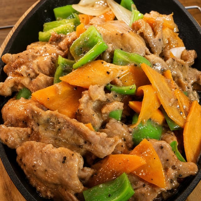 E2. 铁板黑椒牛柳 Grilled Black Pepper Beef.