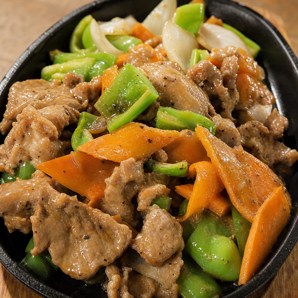 E2. 铁板黑椒牛柳 Grilled Black Pepper Beef.