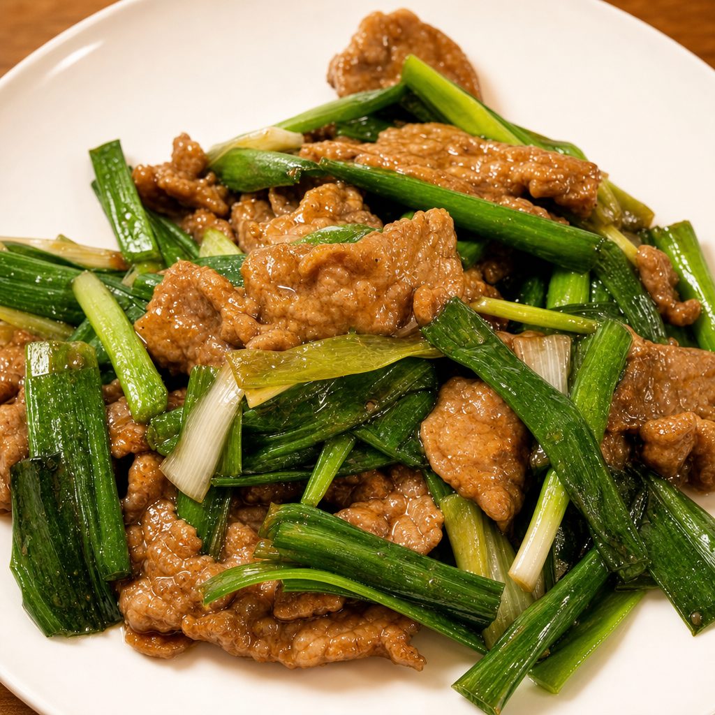 E4. 葱爆牛肉 Fire Wok Scallion Beef.
