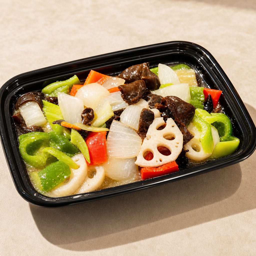 蓮藕炒木耳 Stir-fried Wood Ear Mushroom with Lotus Root.
